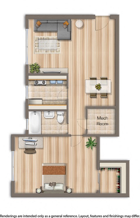 Floor plan for 1 bed, 1 bath, 750 sqft